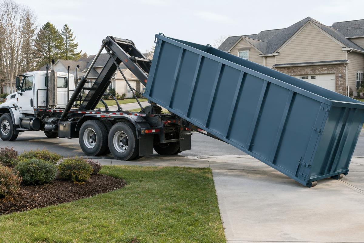 Roll-off truck tilting a steel container onto a residential driveway