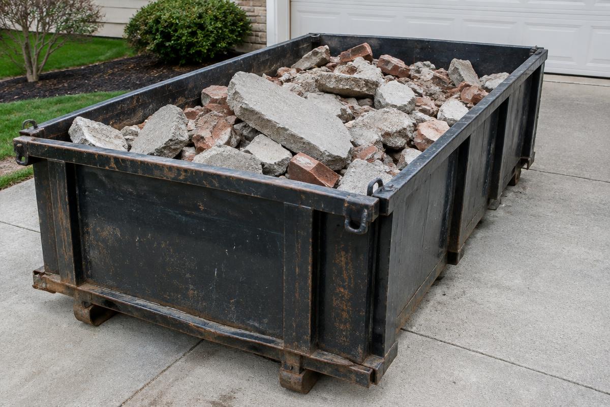 Broken concrete and brick rubble filling a small heavy-debris roll-off container on a driveway