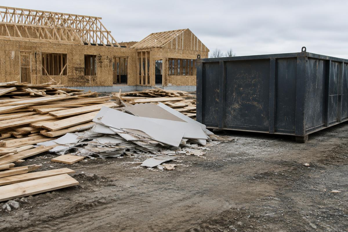 Framing lumber and drywall debris next to an open-top roll-off container at a construction site