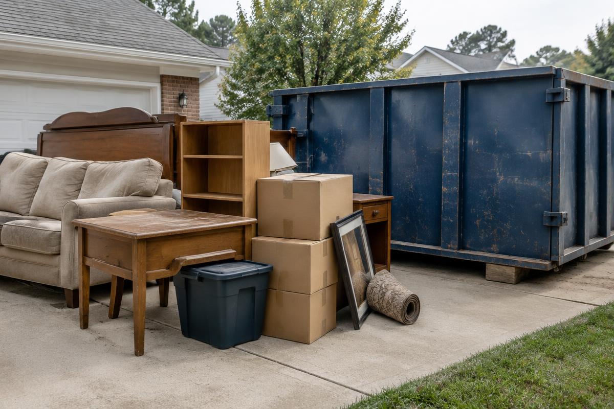 Household furniture and boxes stacked beside a roll-off dumpster on a suburban driveway