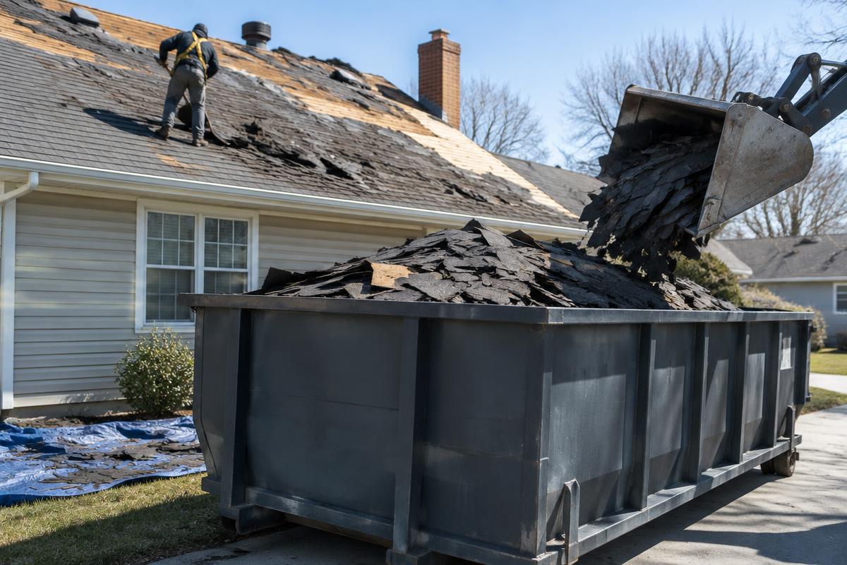 Asphalt shingle tear-off debris loaded into a roll-off dumpster beside a house